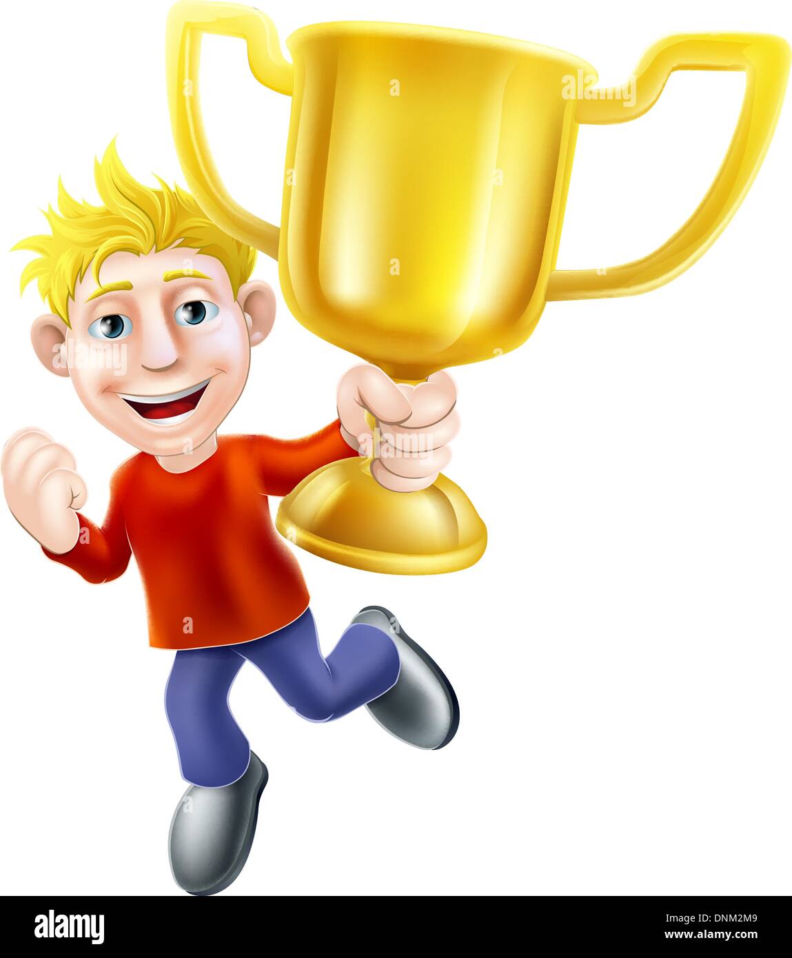 A cartoon casually dressed man happily jumping in the air holding a winners gold trophy Stock Vector