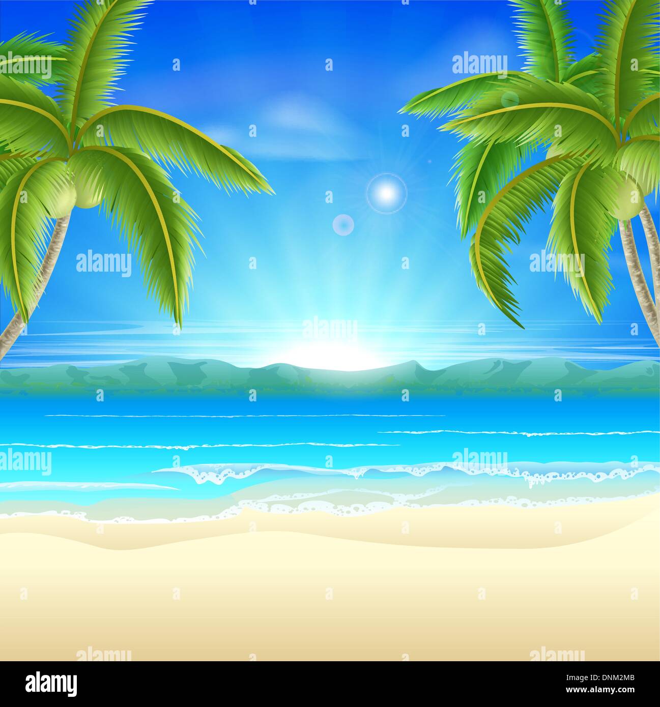 Summer holiday beach background of a beautiful summer sandy beach with coconut palm trees framing the image Stock Vector