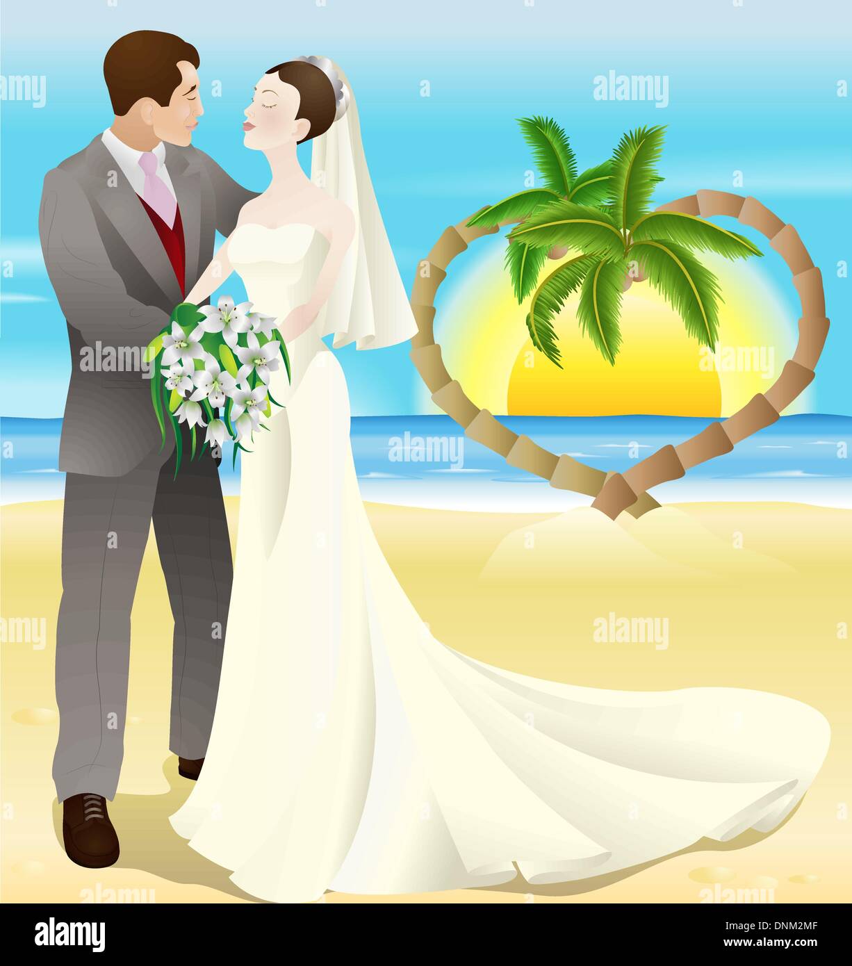 A tropical destination beach wedding illustration. A bride and groom newly wed on a tropical beach. Palm trees form a heart shap Stock Vector