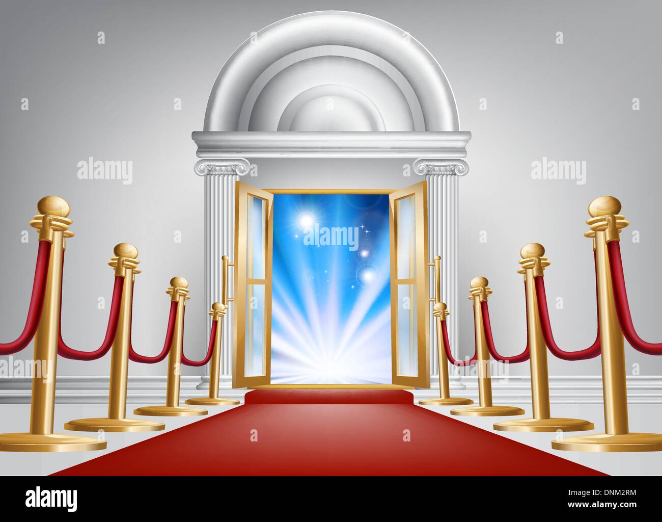 A red carpet entrance with velvet rope and imposing marble doorway leading into an exciting venue Stock Vector