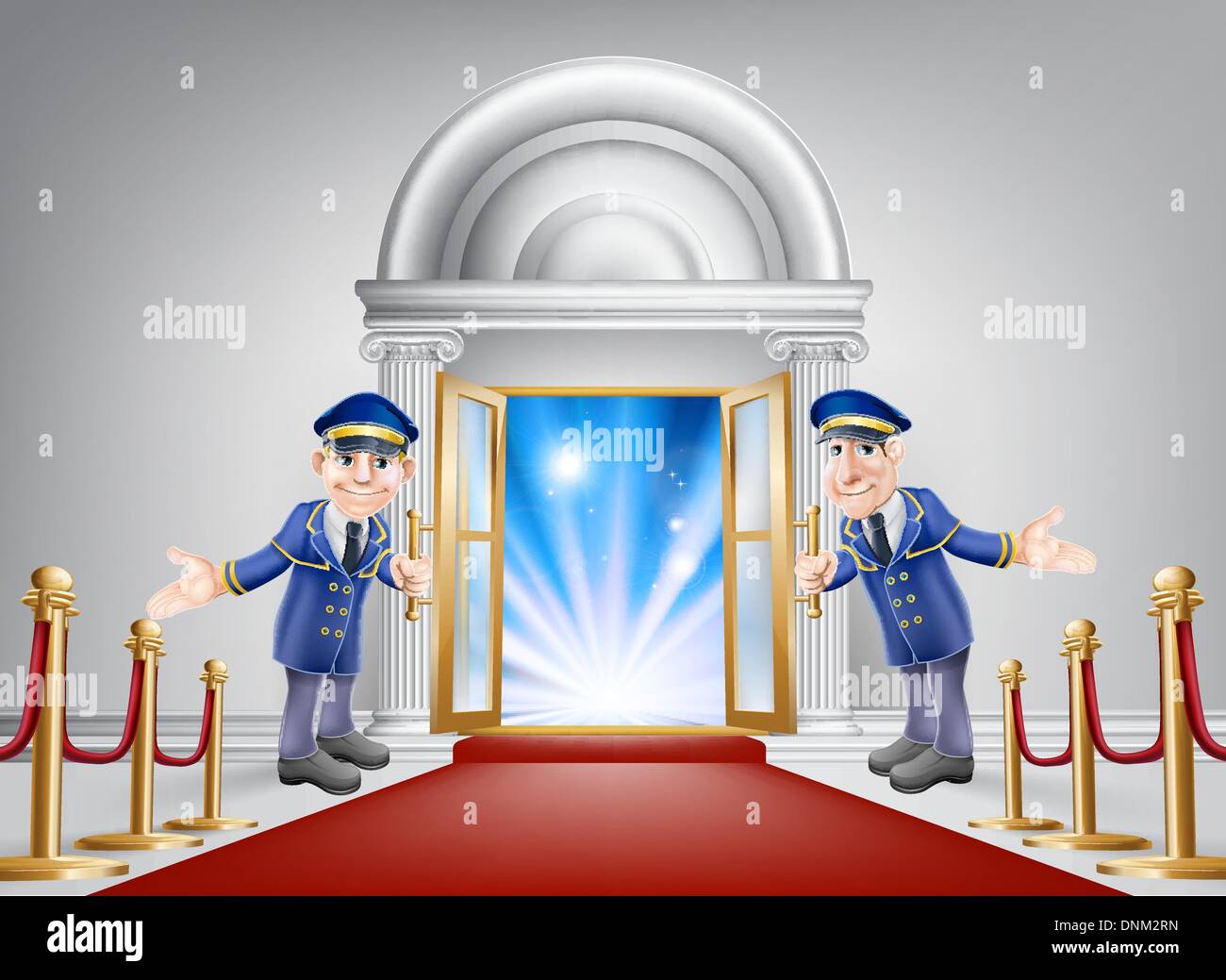 First class treatment conceptual illustration. A venue entrance with a red carpet and red velvet rope and two friendly doormen i Stock Vector