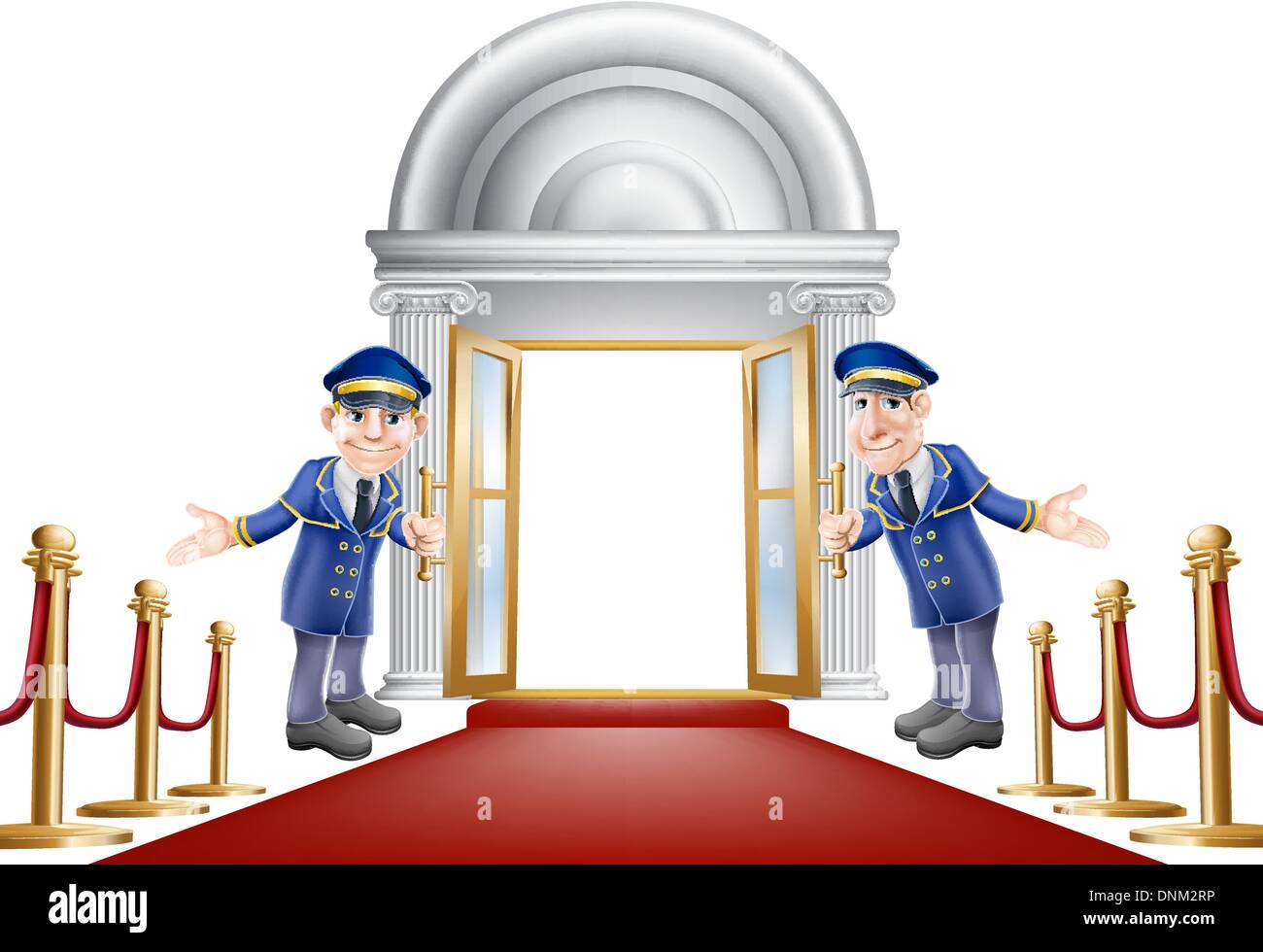 An illustration of a red carpet entrance with velvet ropes and two doormen welcoming the viewer in Stock Vector
