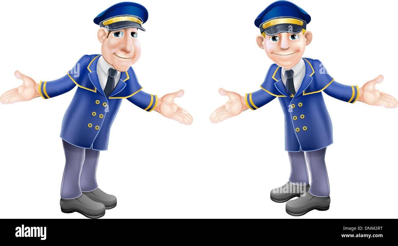 A cartoon illustration of two welcoming hotel or venue doormen or bellhops in their blue and gold uniforms Stock Vector