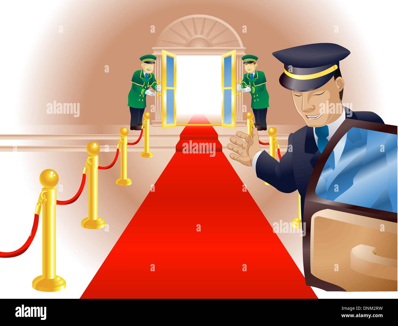 Illustration, point of view of person getting out of a limousine with chauffer and doormen beckoning him or her into a venue lik Stock Vector