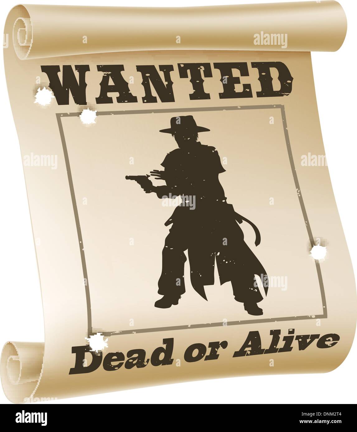 An illustration of a wanted poster with text “wanted dead or alive”, cowboy silhouette and bullet holes Stock Vector