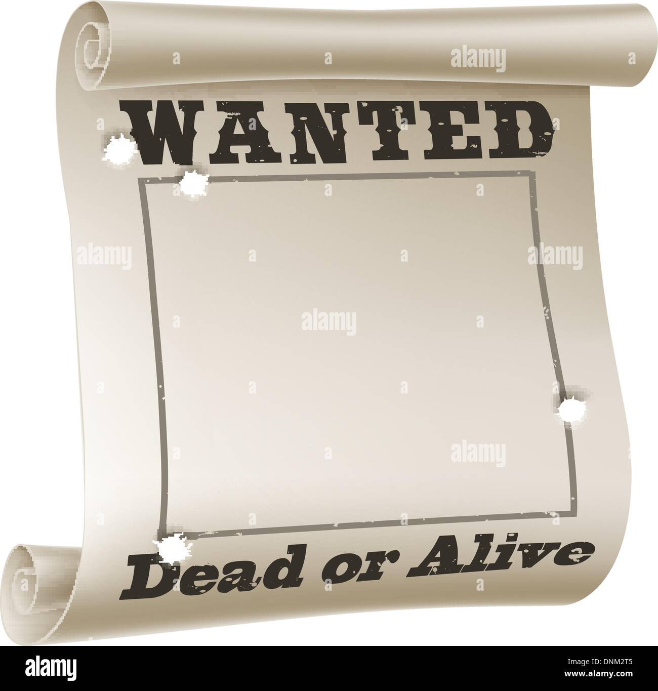 A blank wanted poster with text saying wanted dead or alive and bullet holes Stock Vector
