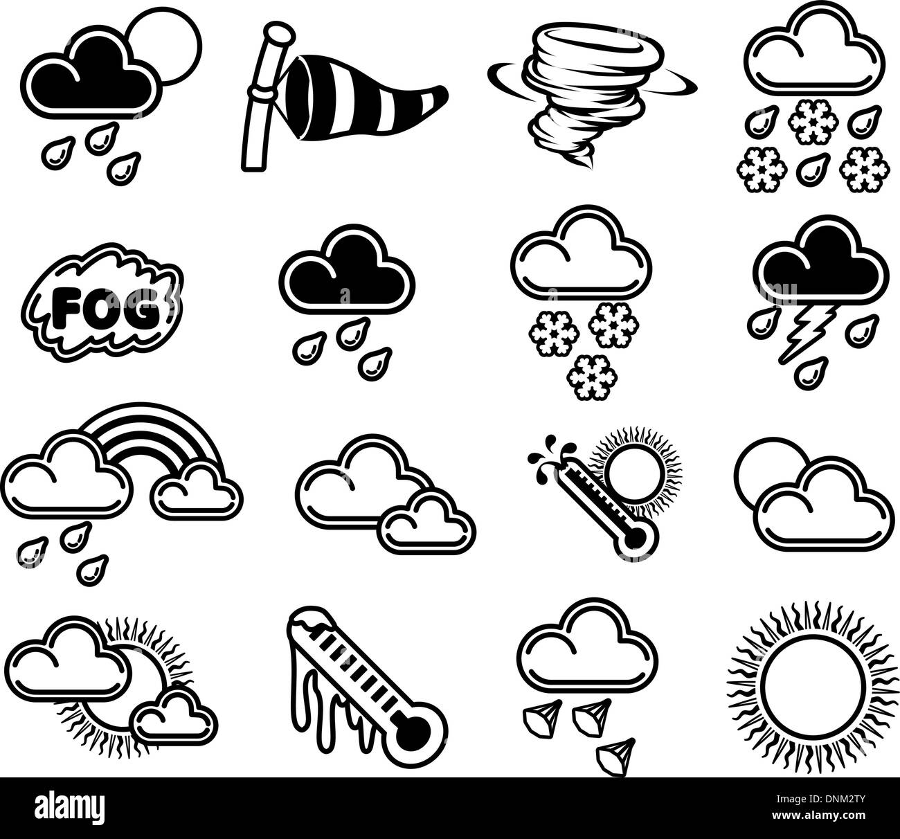 A set of monochrome weather icons like those used in forecasts Stock Vector