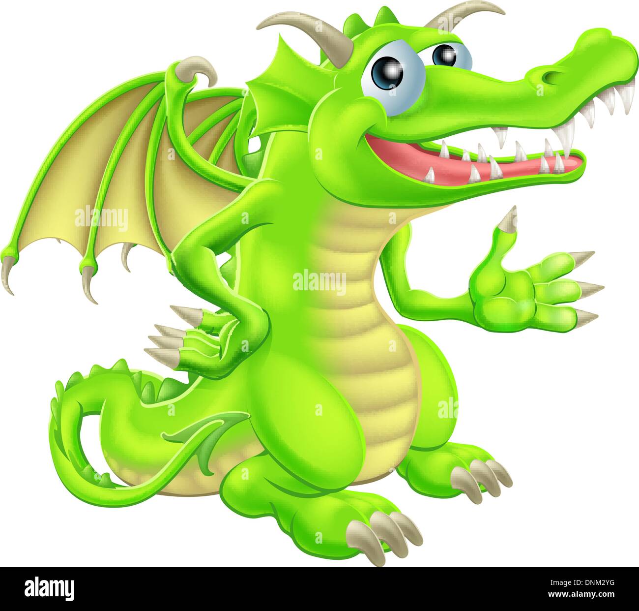Drawing of a cute happy green cartoon dragon Stock Vector