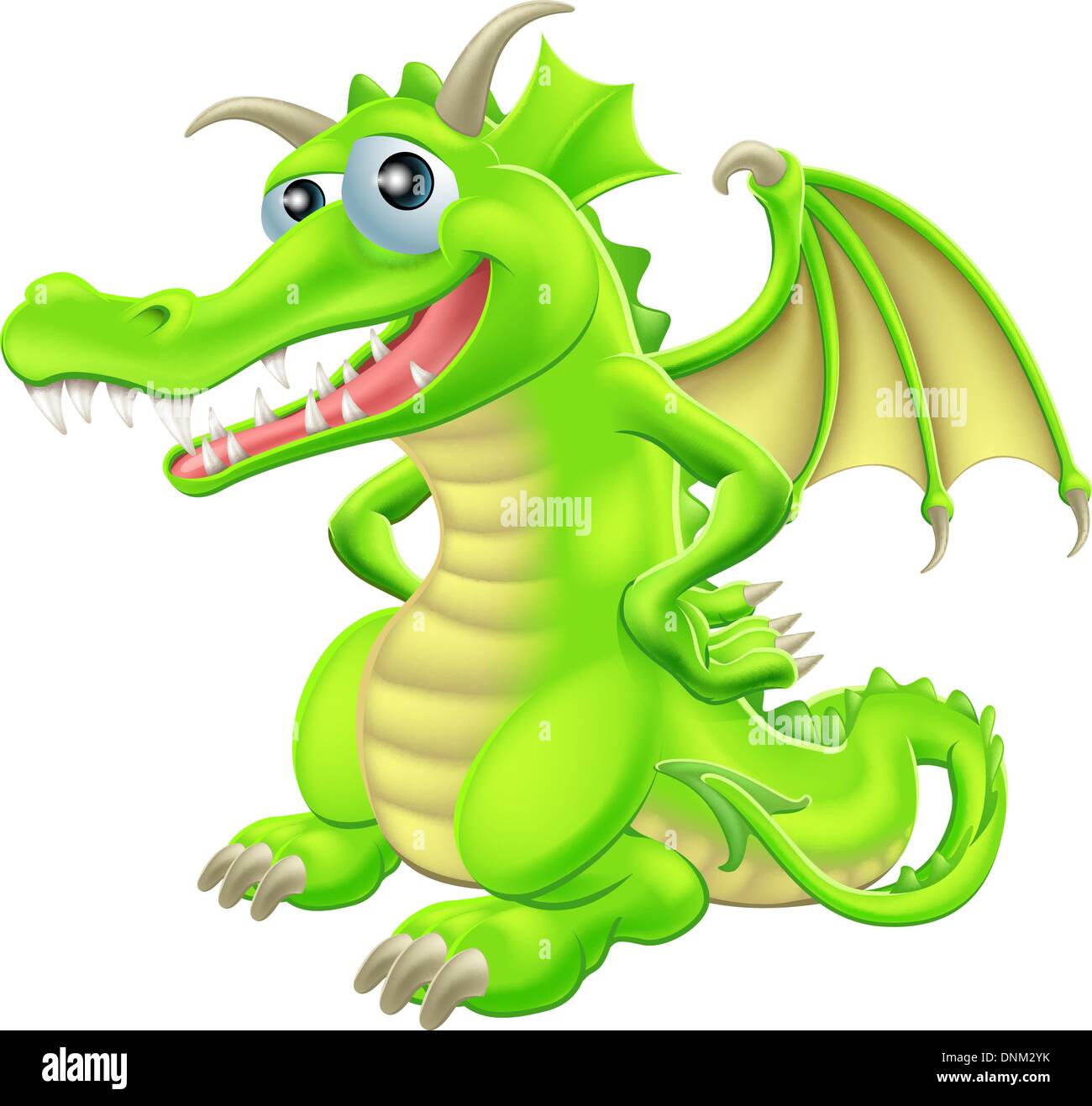 An illustration of a green cartoon happy dragon character standing with hand on hips Stock Vector