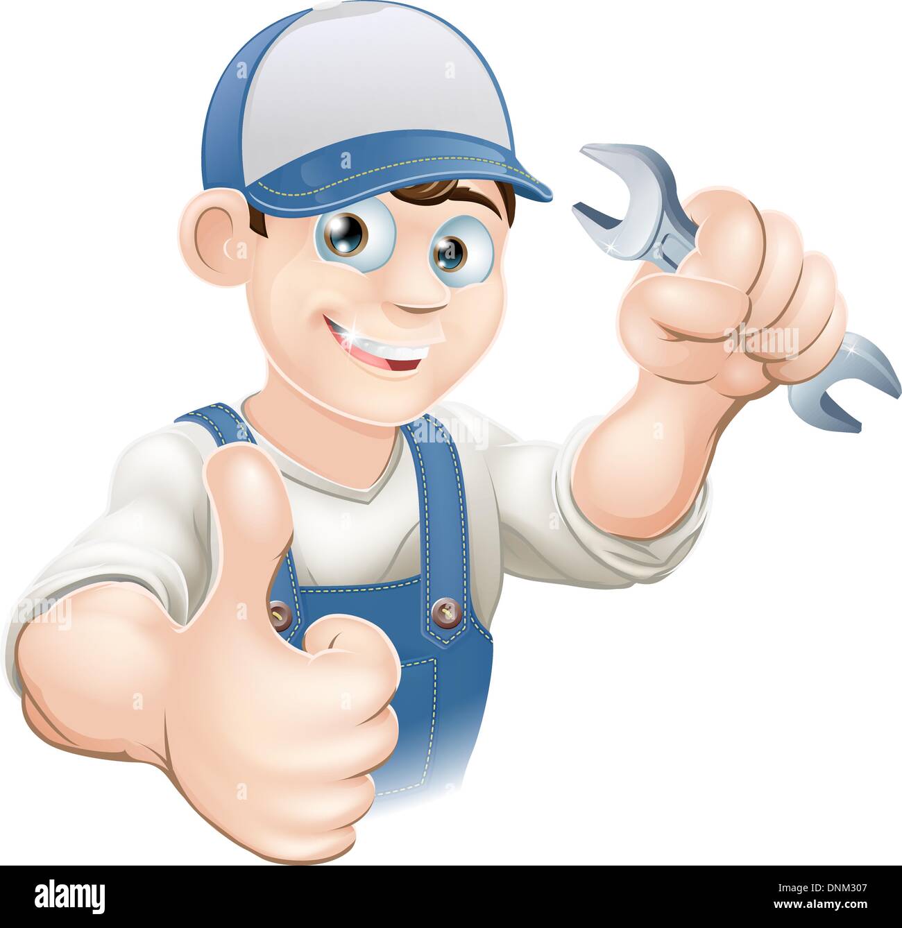 Illustration of a happy plumber, mechanic or handyman in work clothes holding a spanner and giving thumbs up Stock Vector