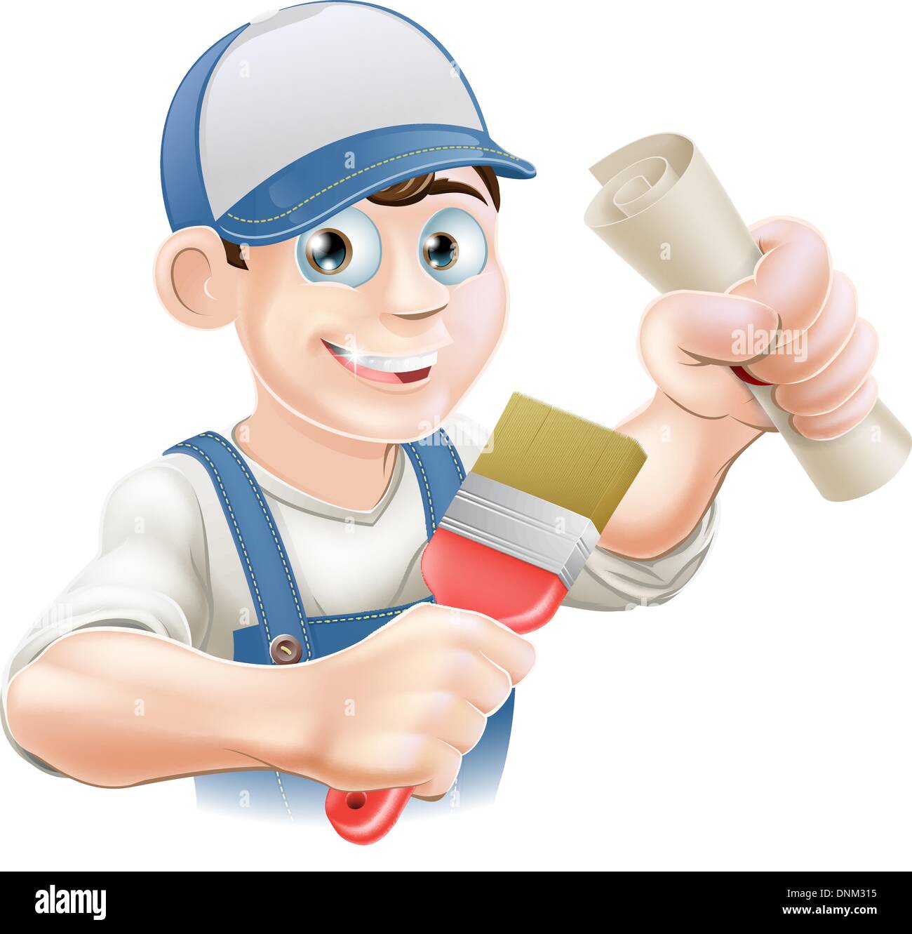 Painter decorator with certificate, qualification or other scroll and paint brush. Education concept for being professionally qu Stock Vector