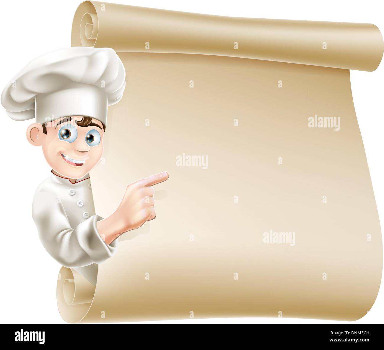 Illustration of a happy chef character pointing at a scroll maybe with a menu on it Stock Vector