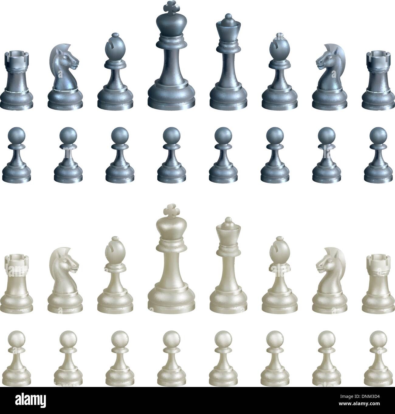 An illustration of a complete set of chess pieces in black and white Stock Vector