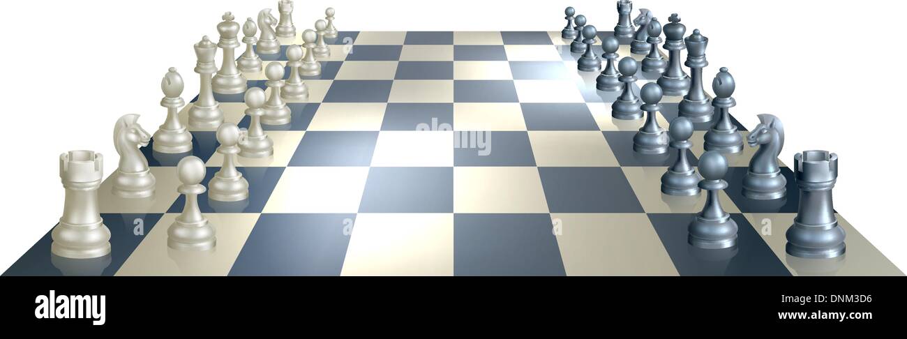 An illustration of a chess board and pieces in perspective at the opening of a chess game Stock Vector