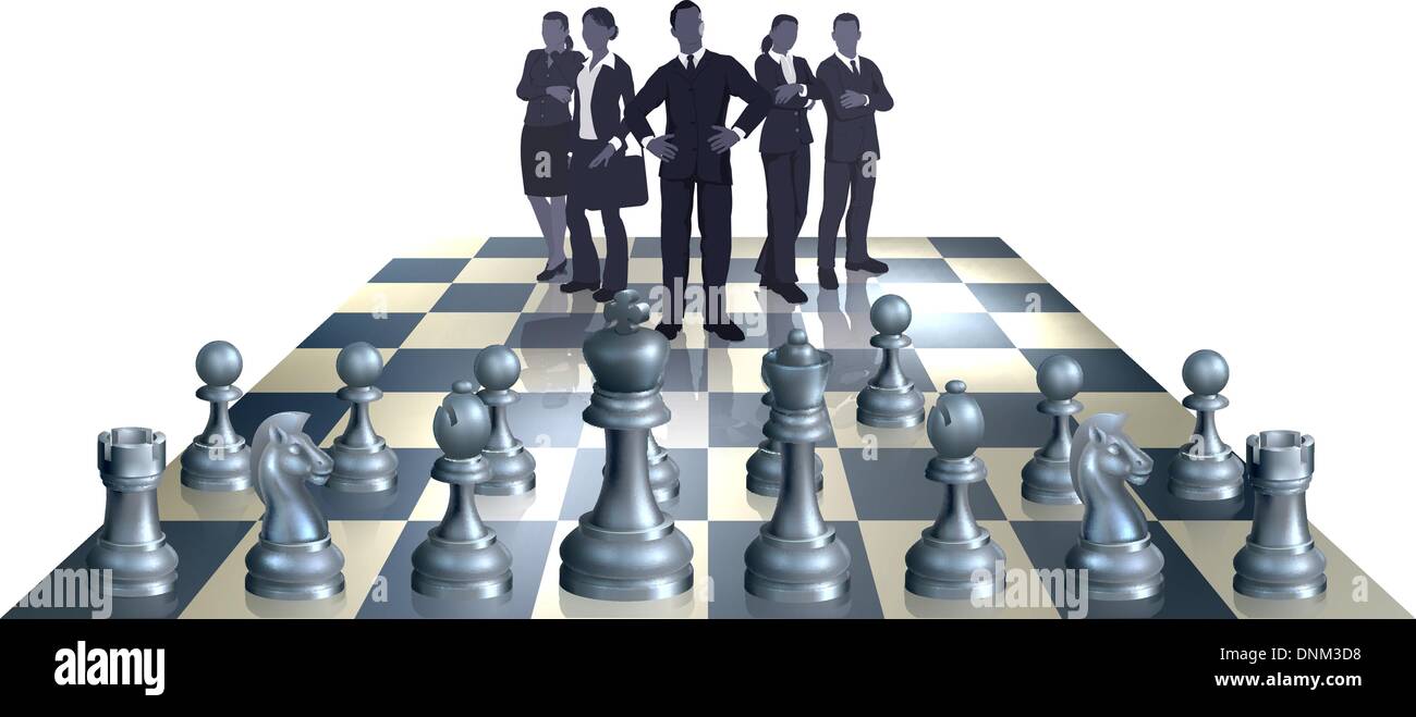 Illustration of a chess business concept. A business team on one side of the chess board playing against chess pieces. Stock Vector