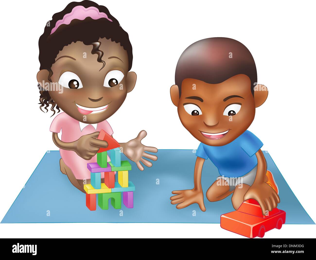 An illustration of two black ethnic chidlren playing with toys on a play mat Stock Vector