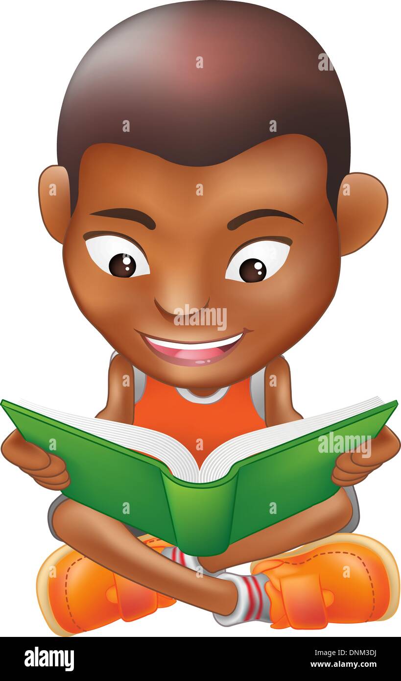 Illustration of a black boy reading a book Stock Vector