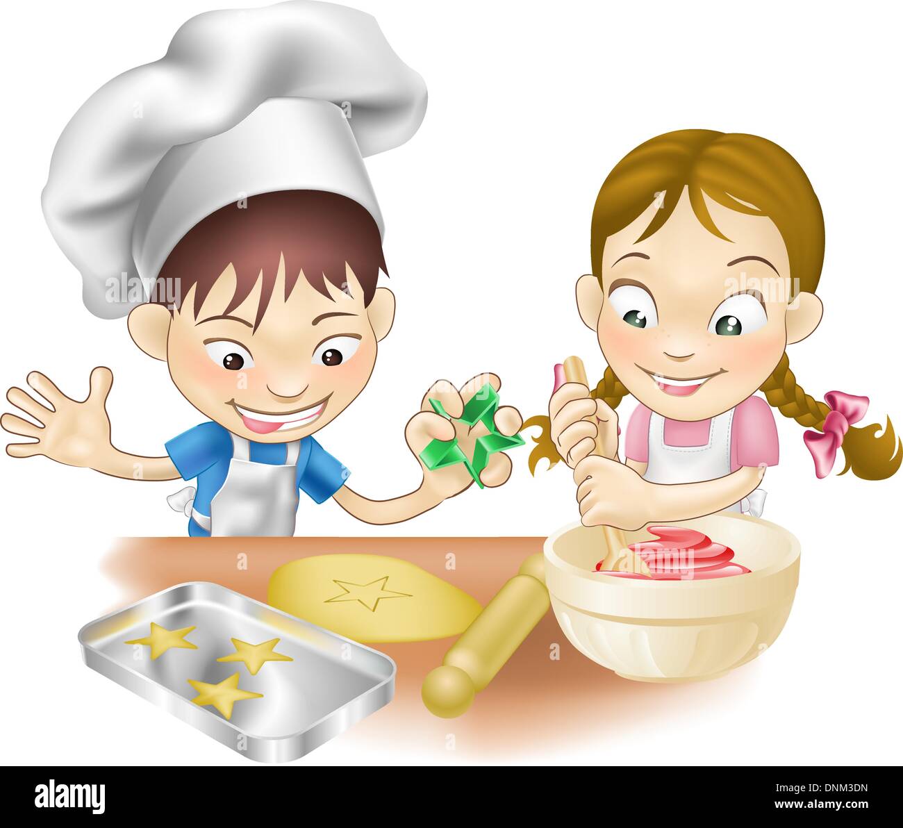 An illustration of two children having fun in the kitchen Stock Vector