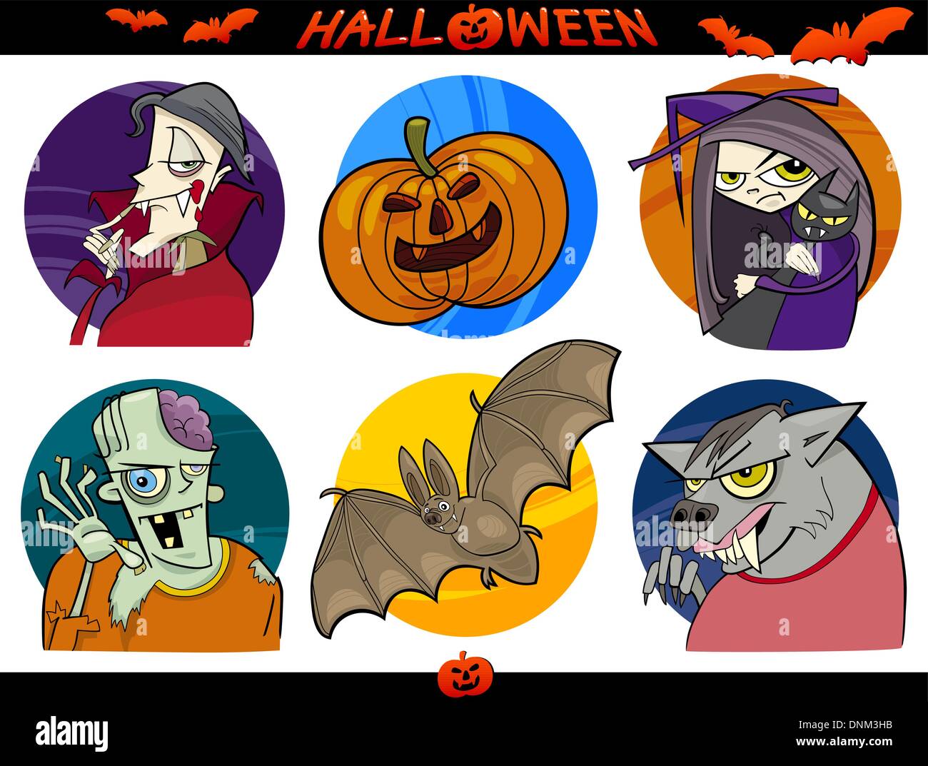 Cartoon Illustration of Halloween Themes, Vampire, Zombie, Witch, Werewolf, Pumpkin and Bat Funny Set Stock Vector