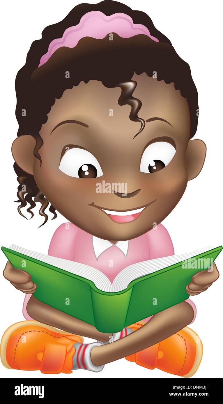 Illustration of a young sweet black girl child happily reading a book Stock Vector
