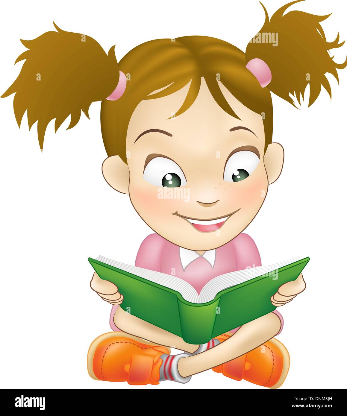 Illustration of a young sweet girl child happily reading a book Stock Vector