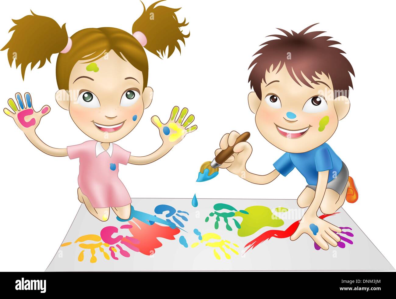 illustration of two young children playing with paints Stock Vector