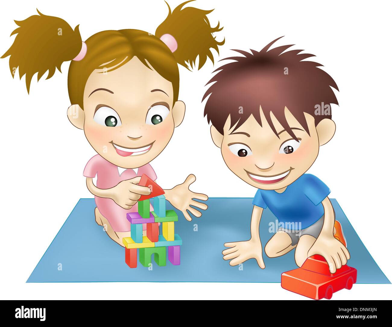 An illustration of two white children playing with toys. Stock Vector