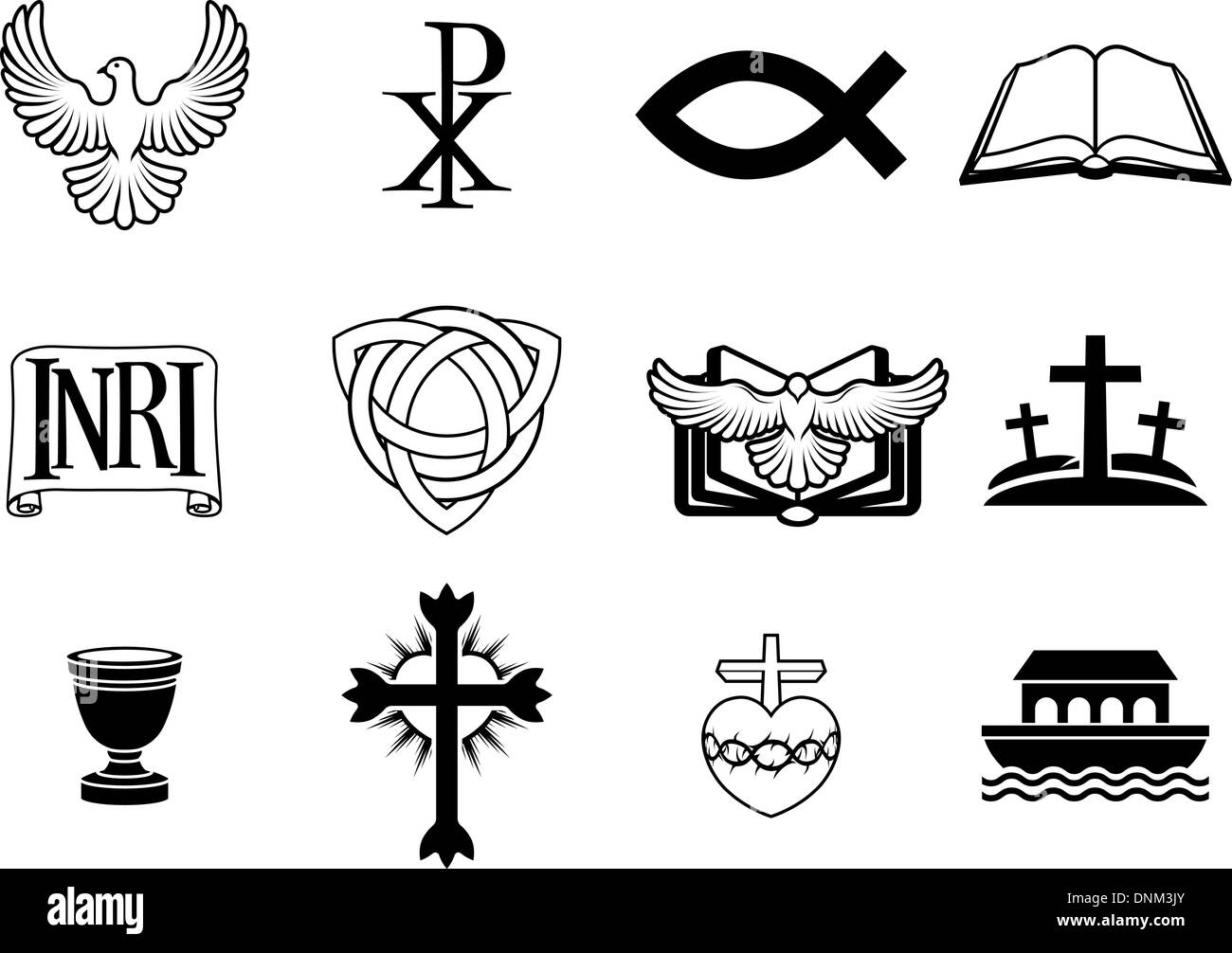 A set of Christian icons and symbols, including dove, Chi Ro, fish symbol, bible, INRI sign, trinity christogram, cross, communi Stock Vector