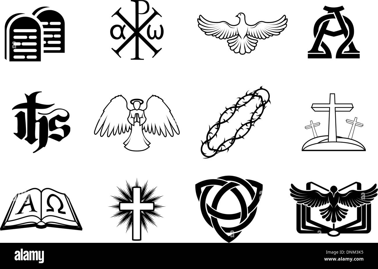A set of Christian icons including angel, dove, alpha omega, Chi Ro and many more Stock Vector