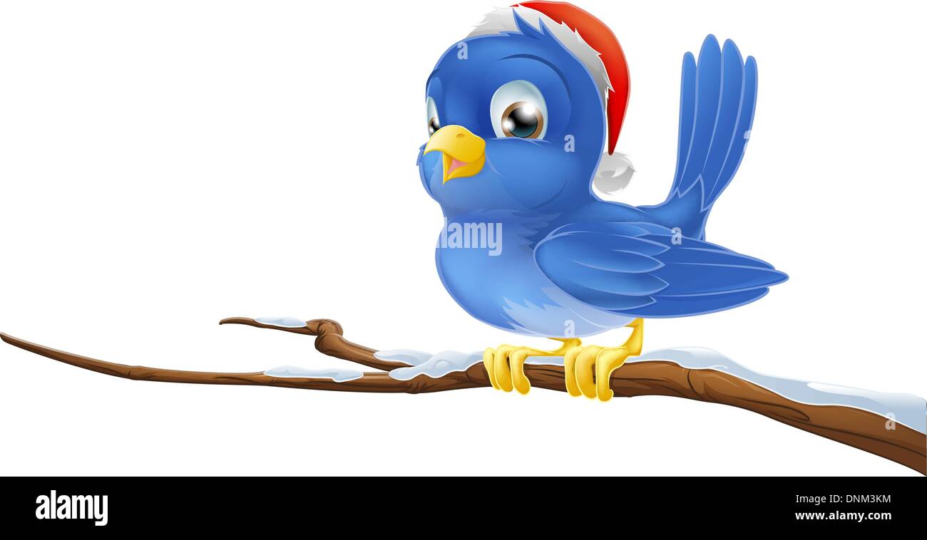 A blue bird sitting on snow covered branch wearing a Christmas hat Stock Vector