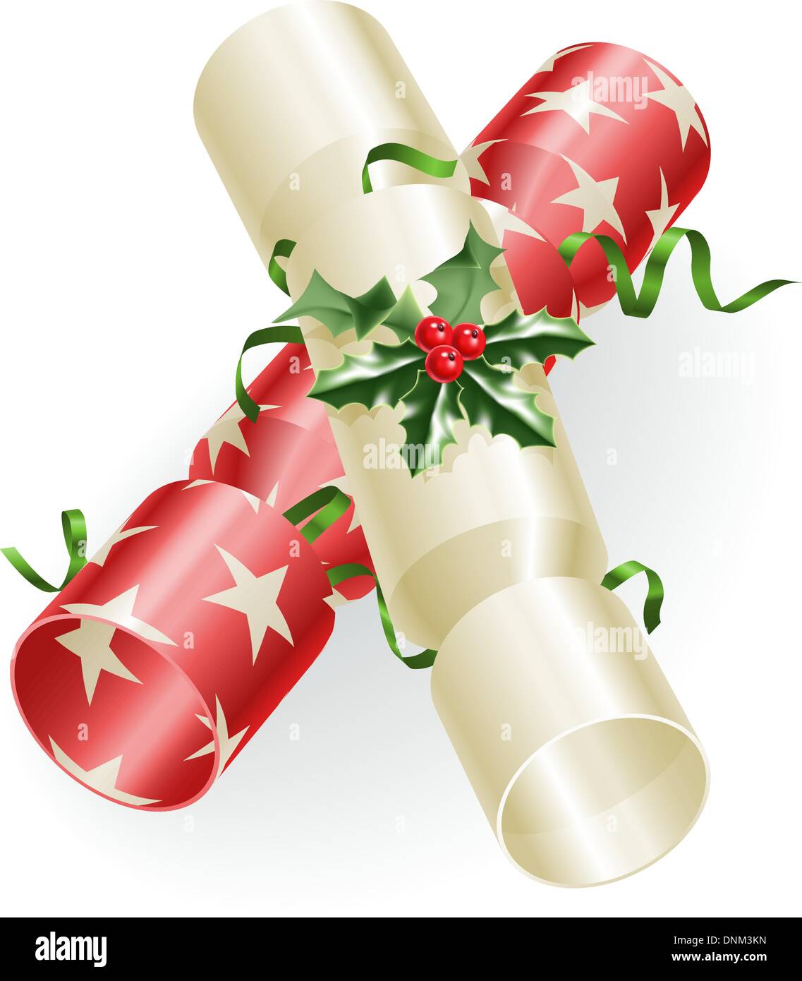 An illustration of Christmas crackers with holly and ribbons Stock Vector