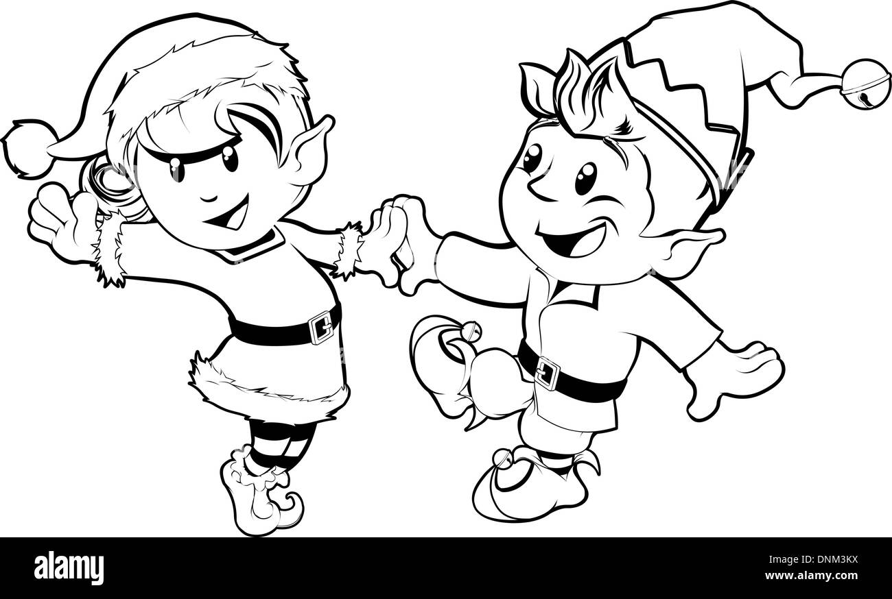 Black and white illustration of boy and girl Christmas elves dancing in Santa outfit and elf clothes Stock Vector