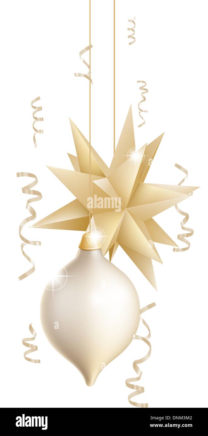 Illustration of two beautiful gold and white Christmas tree baubles or