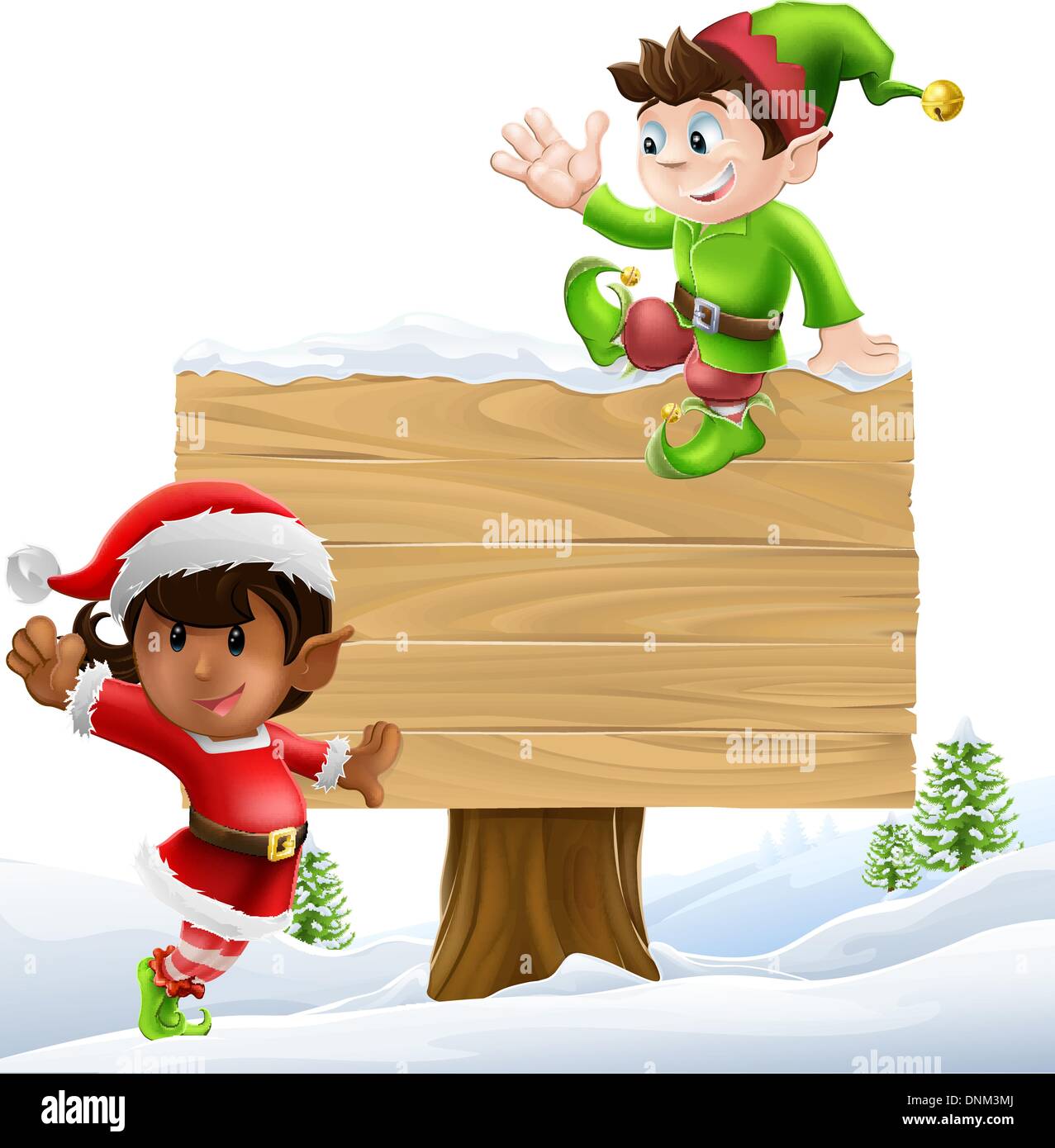 Cute elves one leaning on and one sitting on a Christmas sign in a winter landscape Stock Vector