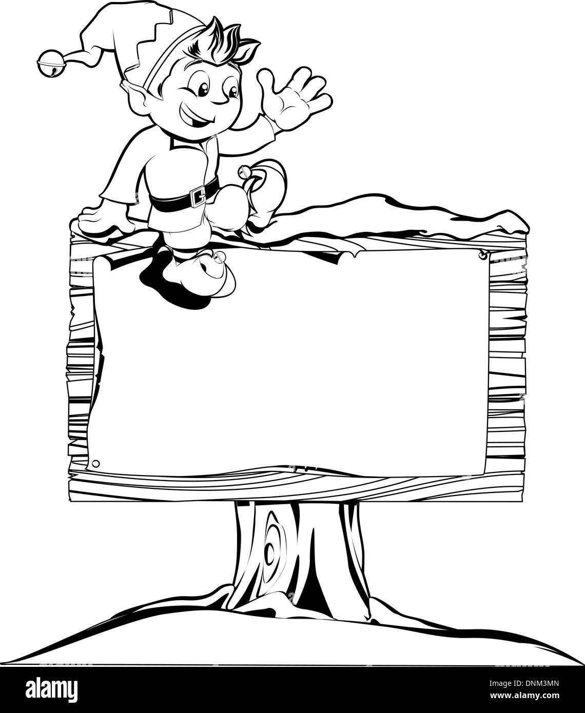 Drawing of a happy Christmas elf on sitting on a sign Stock Vector
