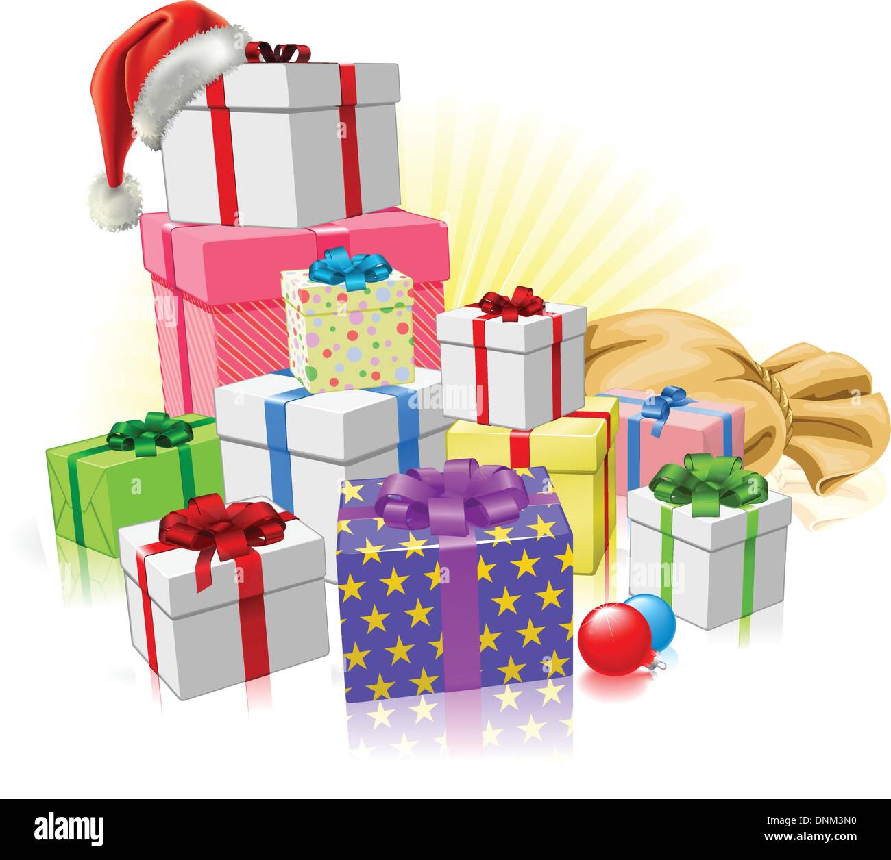 Christmas gifts with Santa hat, sack and baubles Stock Vector