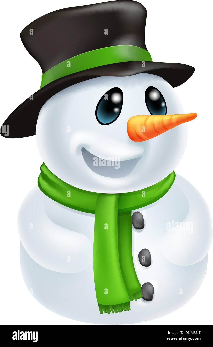 Happy cute cartoon Christmas Snowman character with hat and green scarf ...