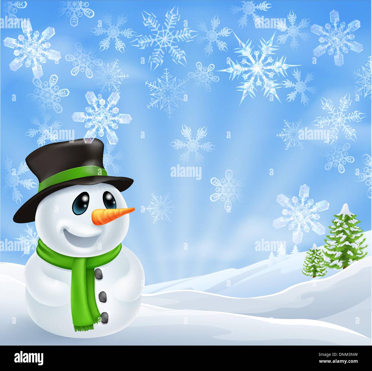 Illustration of a Christmas Snowman Scene with trees covered in snow ...