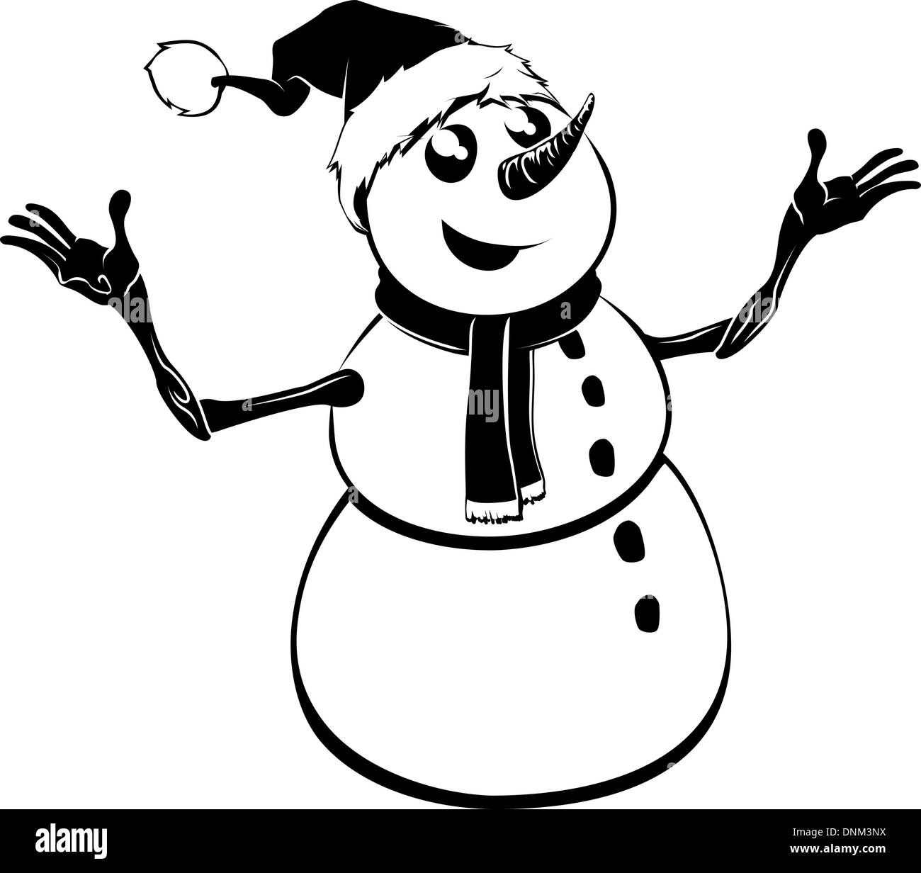 Black and white illustration of a Christmas snowman in Santa hat Stock ...