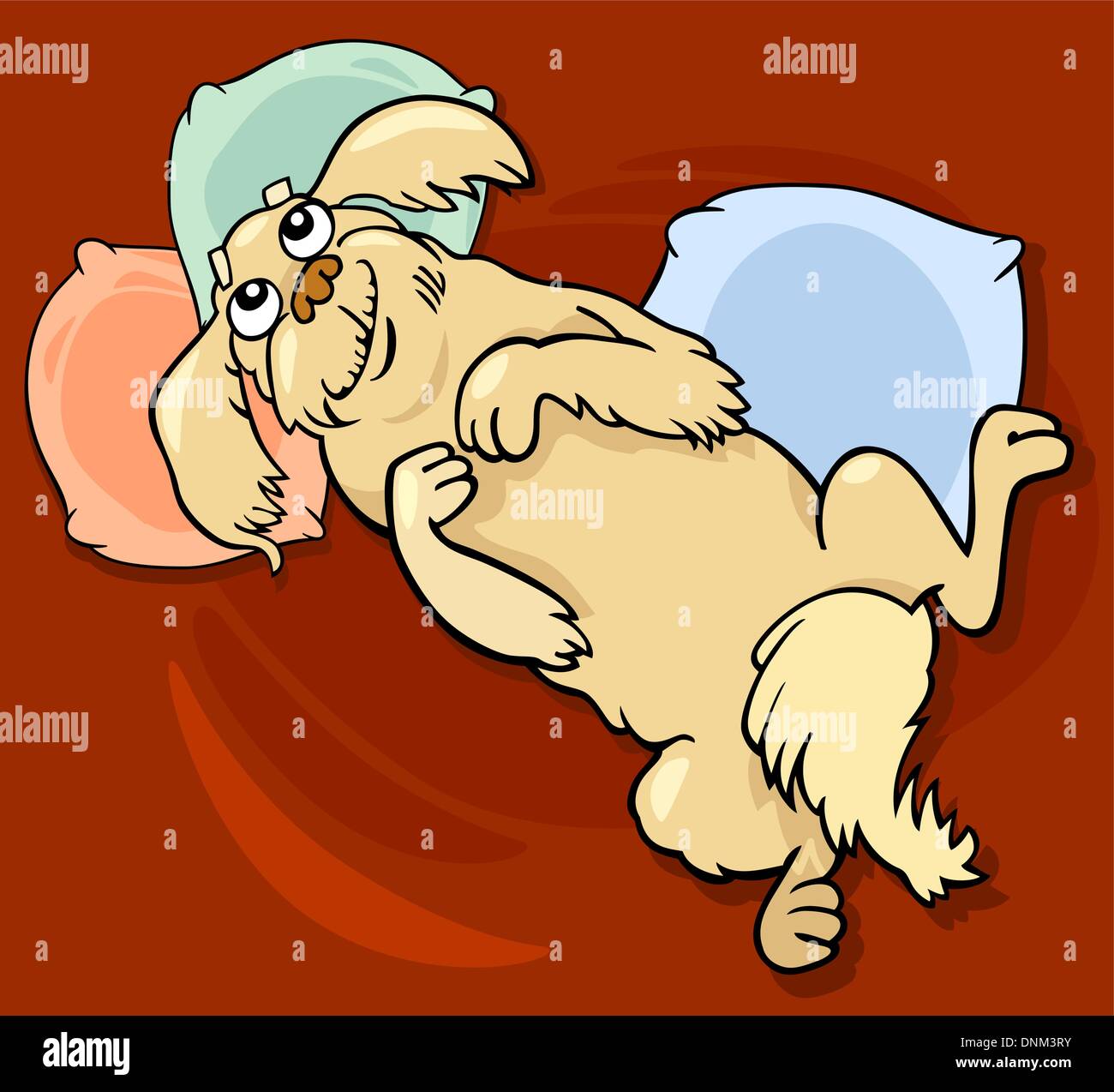 Cartoon Illustration of Happy Fluffy Dog or Pekingese on Bed Stock Vector