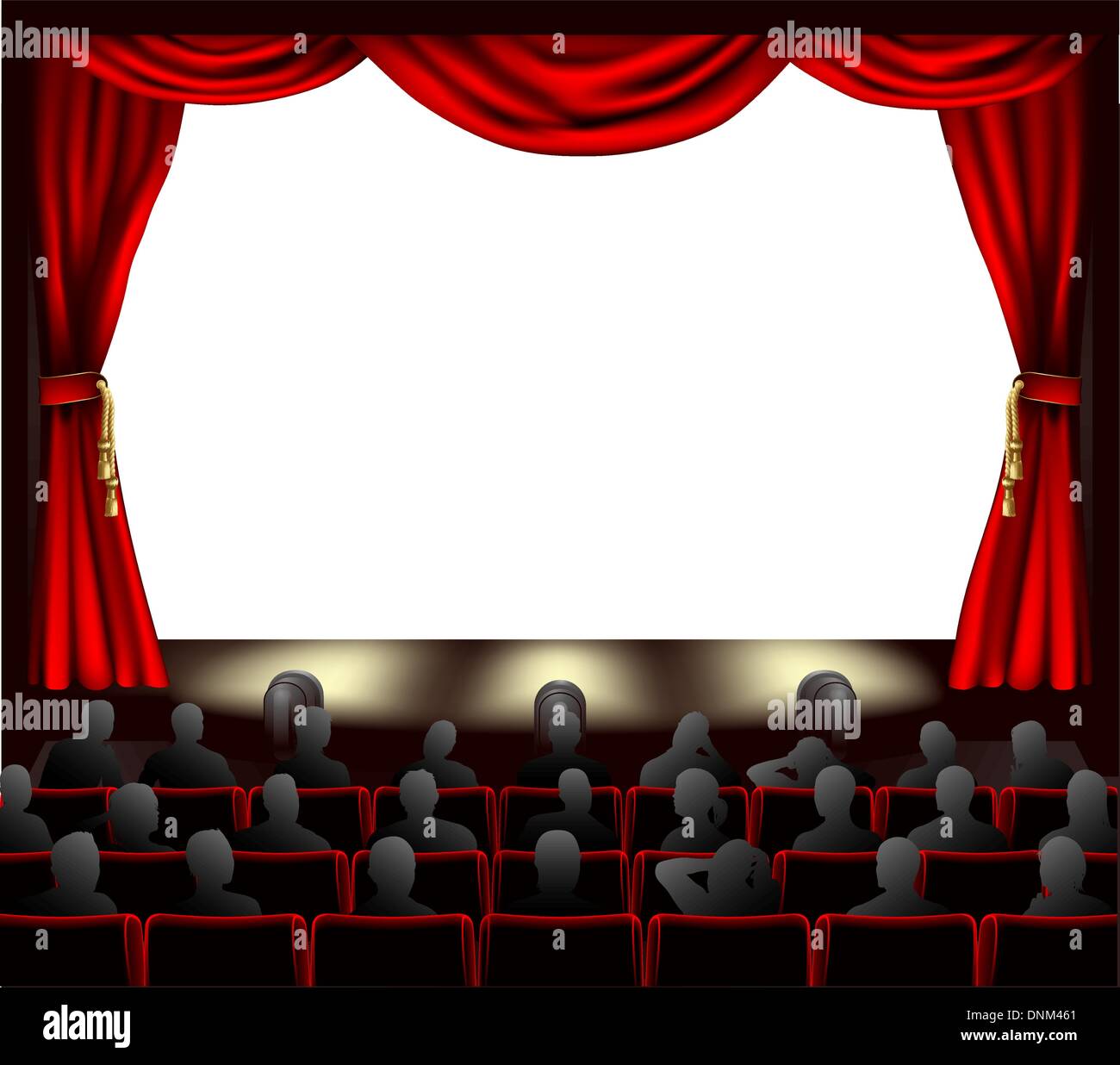 Cinema with curtains and audience. Space to place anything on stage. Stock Vector
