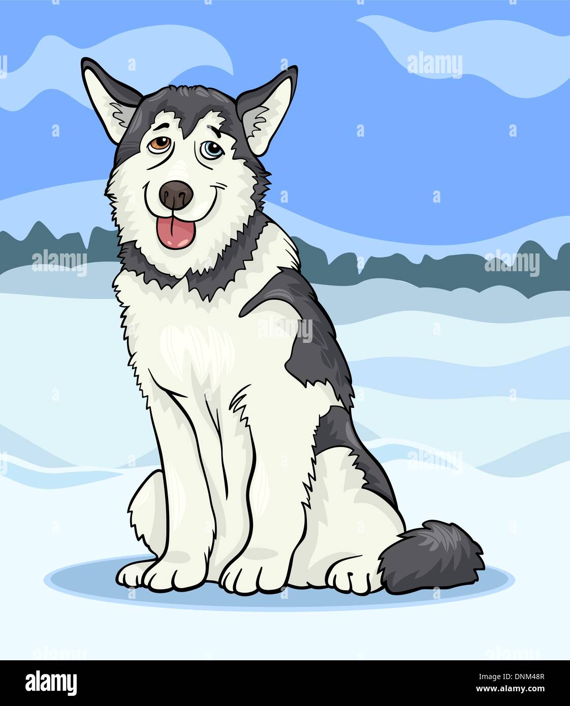 Cartoon Illustration of Funny Siberian Husky or Alaskan Malamute Dog  against Blue Sky and Winter Rural Scene Stock Vector Image & Art - Alamy