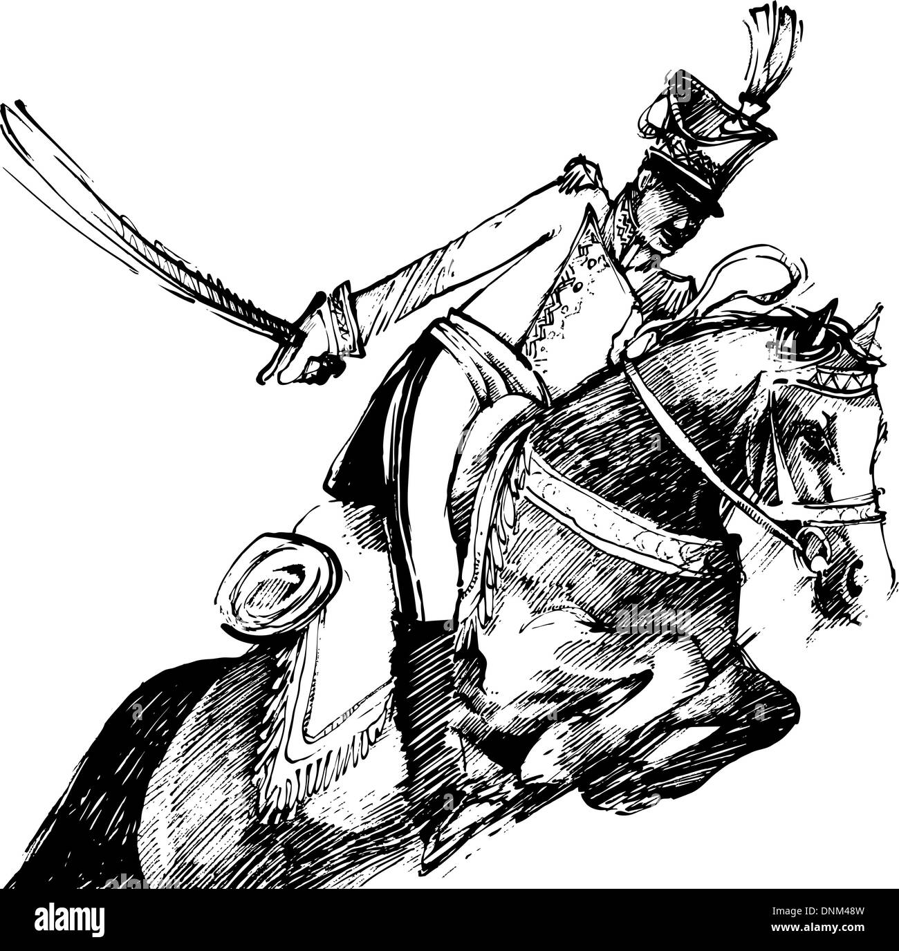 drawing illustration of hussar with sword on the horse Stock Vector