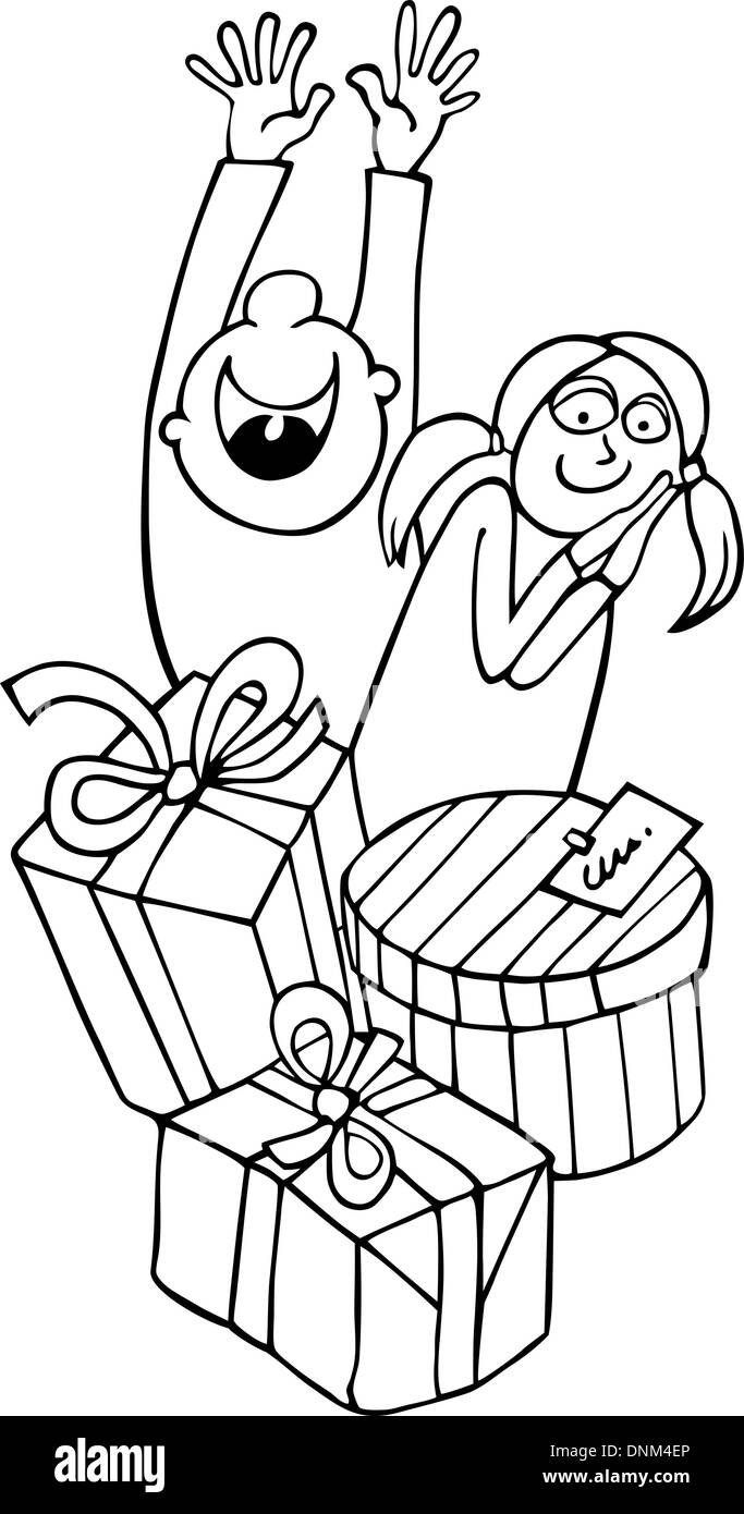 Cartoon Illustration of Children Happy of Christmas or Birthday Presents for Coloring Book or Page Stock Vector