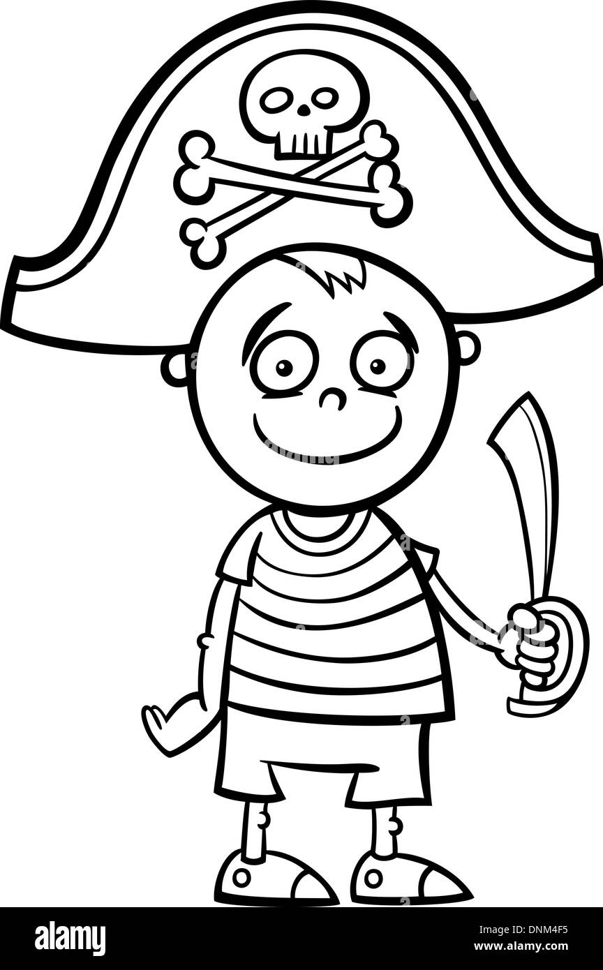 Black and White Cartoon Illustration of Cute Little Boy in Pirate Costume for Fancy Ball for Coloring Book Stock Vector