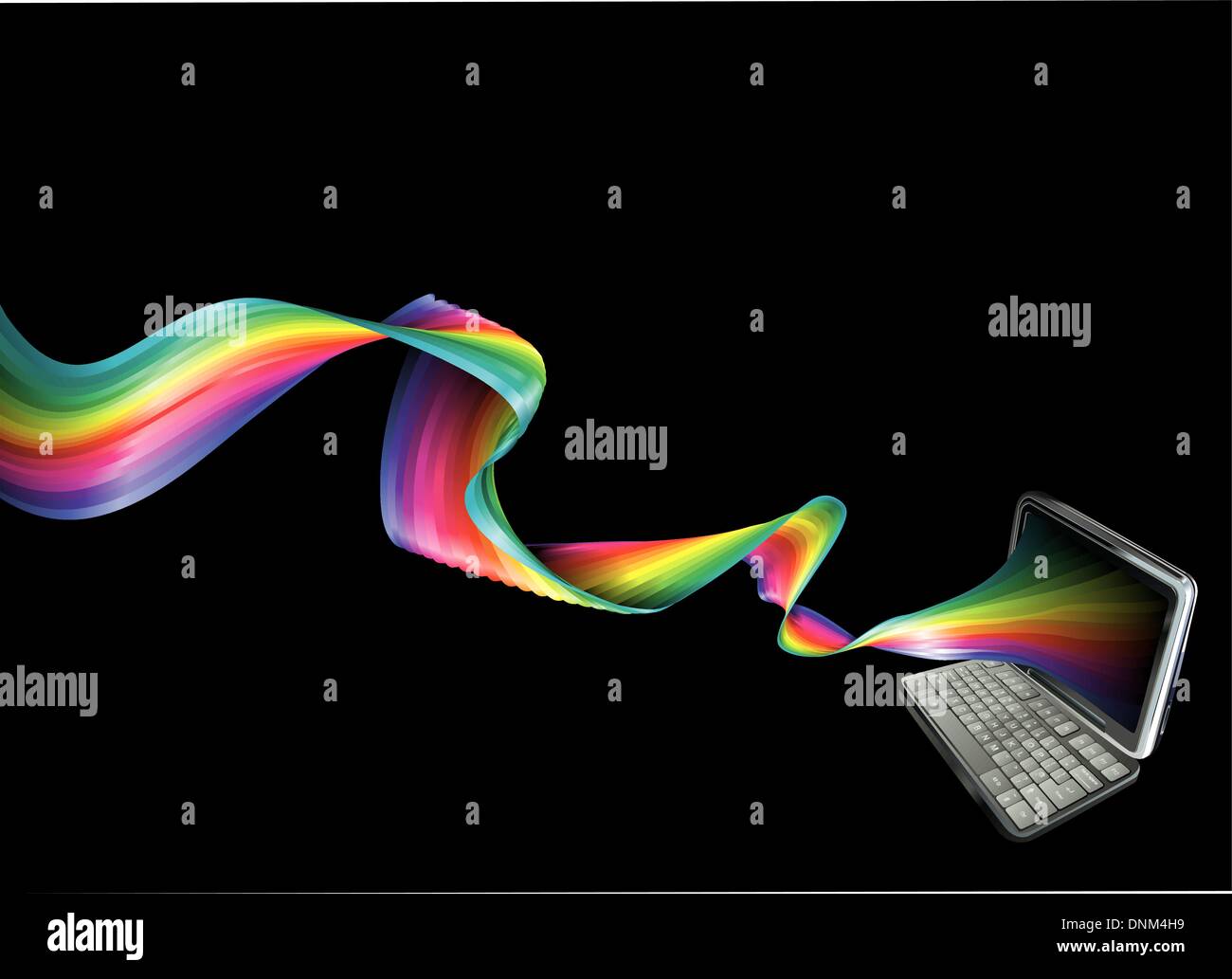 A background banner illustration of a laptop with magical rainbow ...