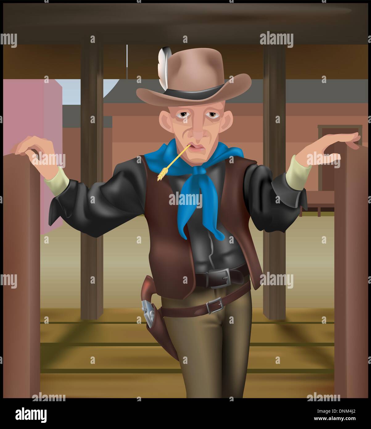 A cowboy coming through some swing doors. Clothing and gun make extensive use of gradient meshs. Stock Vector