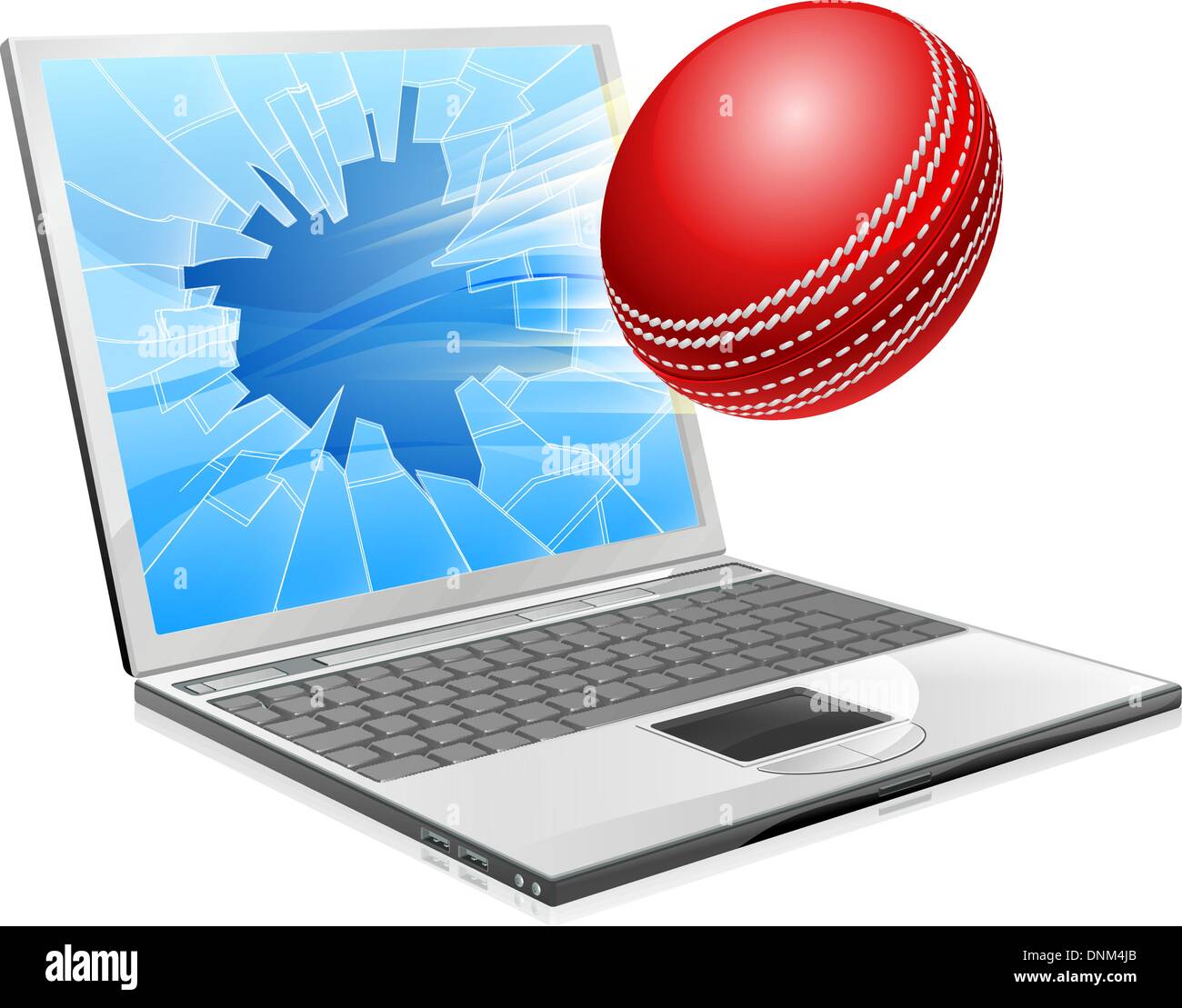 Illustration of a cricket ball flying out of a broken laptop computer