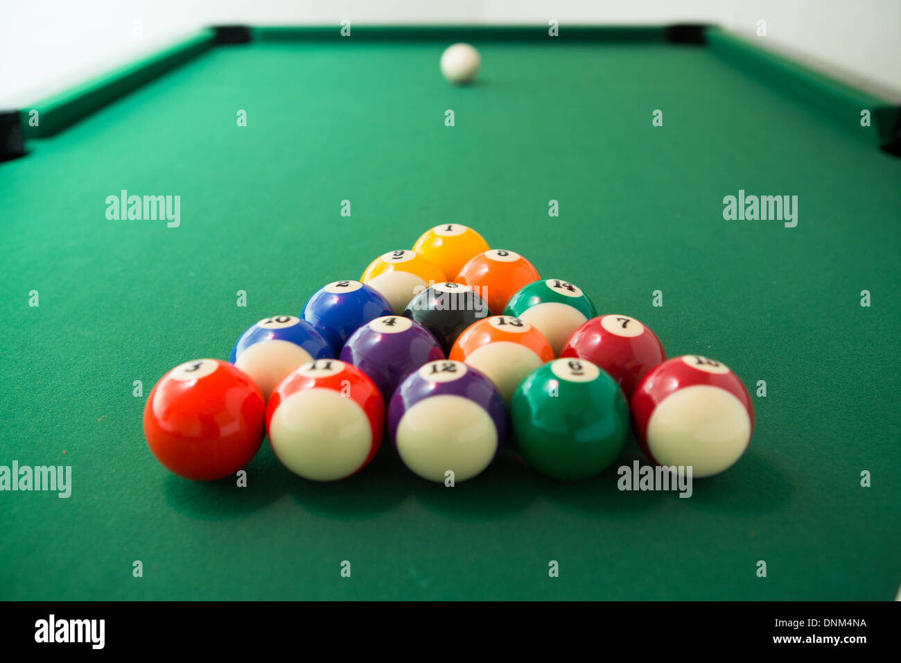 Pool balls arranged for break at start of game Stock Photo