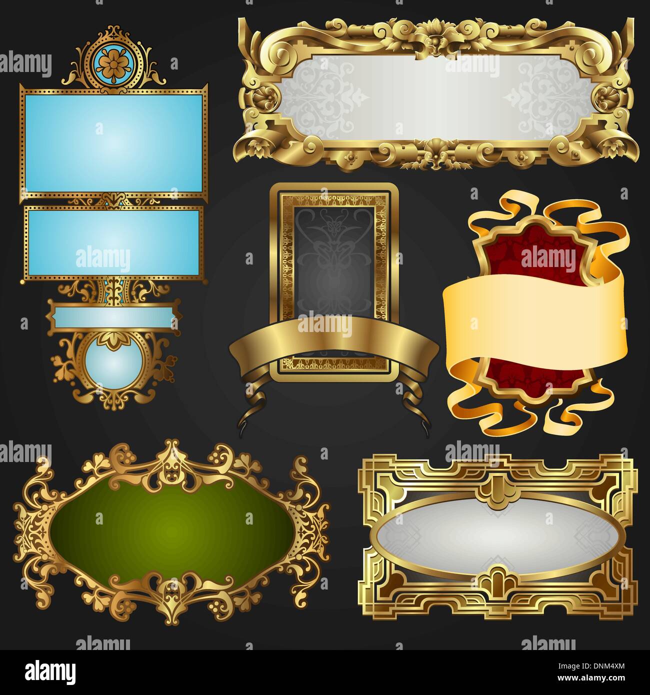 Vintage retro glossy gold frames and labels in a variety of retro antique styles. Stock Vector